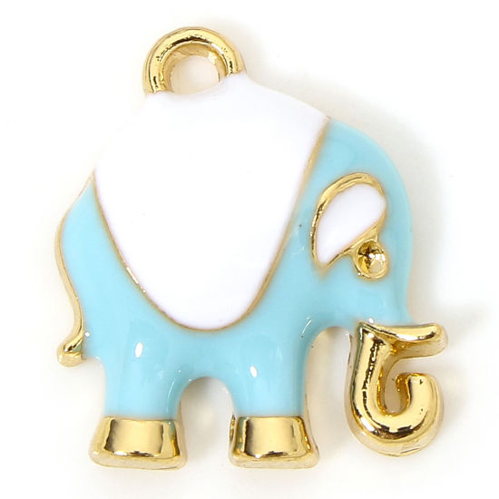 Picture of 10 PCs Zinc Based Alloy Charms Gold Plated Blue Elephant Animal Enamel 17mm x 15mm