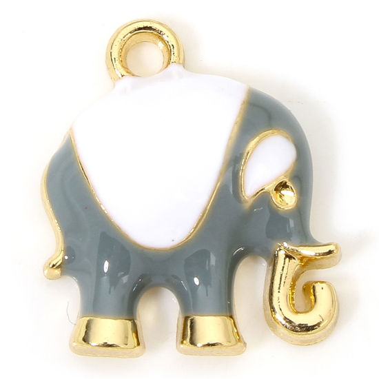 Picture of 10 PCs Zinc Based Alloy Charms Gold Plated Gray Elephant Animal Enamel 17mm x 15mm