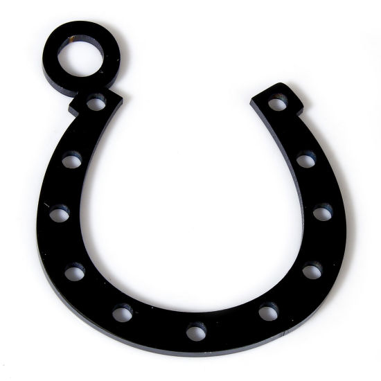 Picture of 2 PCs 304 Stainless Steel Charms Black Luck Horseshoe Double-sided Polishing 25mm x 21.5mm