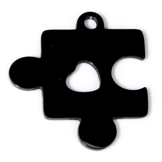 Picture of 2 PCs 304 Stainless Steel Charms Black Jigsaw Heart Double-sided Polishing 25mm x 23mm