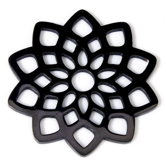 Picture of 2 PCs 304 Stainless Steel Charms Black Flower Double-sided Polishing 25mm x 23.5mm