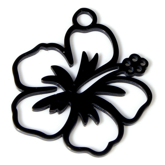 Picture of 2 PCs 304 Stainless Steel Charms Black Peach Blossom Flower Double-sided Polishing 25mm x 22mm