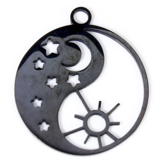 Picture of 2 PCs 304 Stainless Steel Charms Black Round Star Double-sided Polishing 25mm x 22mm