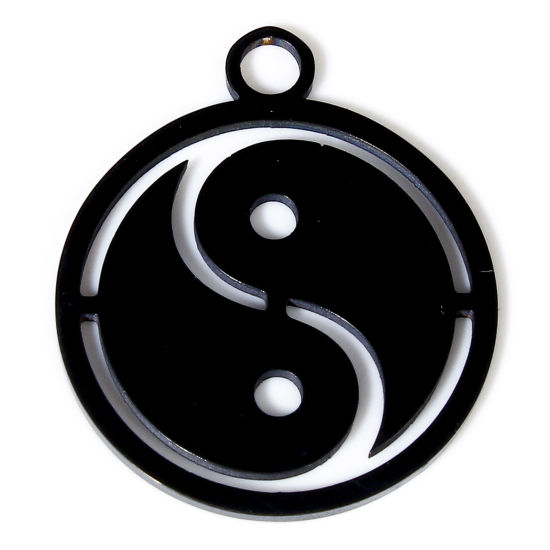 Picture of 2 PCs 304 Stainless Steel Charms Black Round Yin Yang Symbol Double-sided Polishing 25mm x 21mm