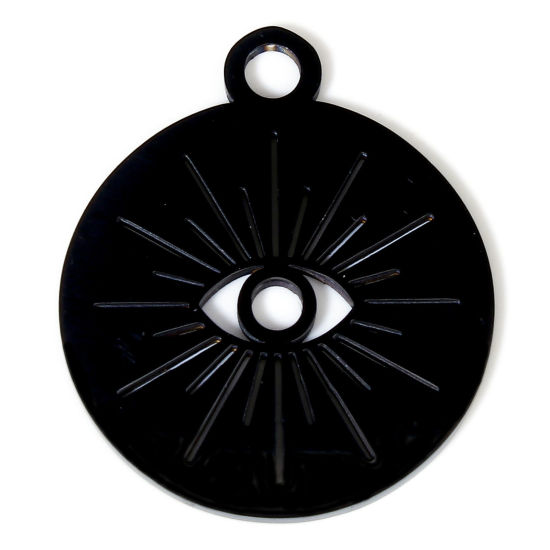 Picture of 2 PCs 304 Stainless Steel Charms Black Round Eye Double-sided Polishing 25mm x 21mm