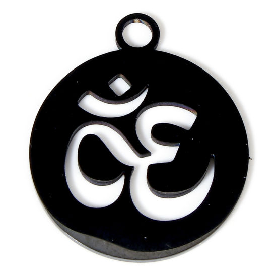 Picture of 2 PCs 304 Stainless Steel Charms Black Round OM/ Aum Symbol Double-sided Polishing 25mm x 21mm