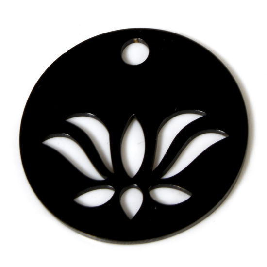 Picture of 2 PCs 304 Stainless Steel Charms Black Round Lotus Flower Double-sided Polishing 25mm Dia.