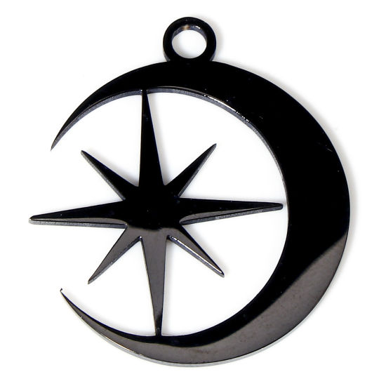 Picture of 2 PCs 304 Stainless Steel Charms Black Star Moon Double-sided Polishing 25.5mm x 23mm