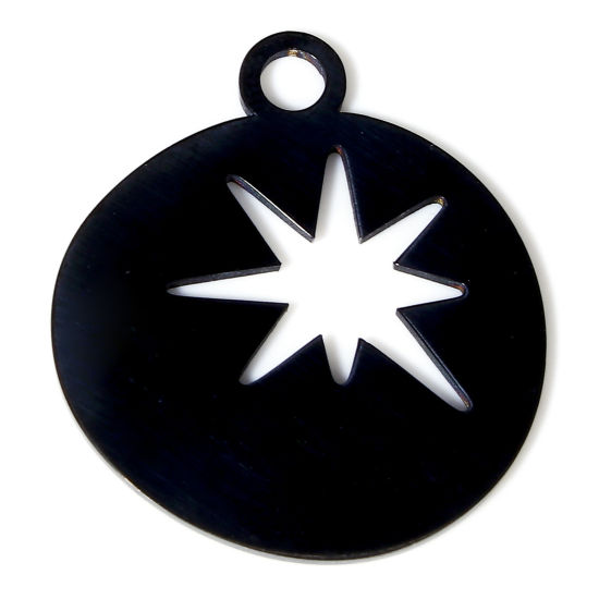 Picture of 2 PCs 304 Stainless Steel Charms Black Round Star Double-sided Polishing 25mm x 22mm