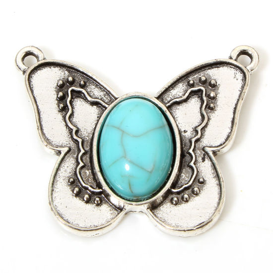 Immagine di 5 Pz Lega di Zinco Stile Bohemien Ciondoli Pendenti Argento Antico Farfalla Con Resina Cabochon Imitazione Turchese 3.3cm x 2.7cm