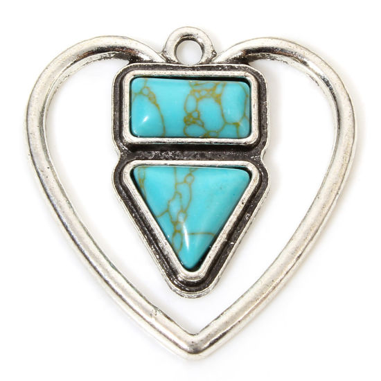 5 PCs Zinc Based Alloy Boho Chic Bohemia Pendants Antique Silver Color Heart With Resin Cabochons Imitation Turquoise 3cm x 3cm の画像