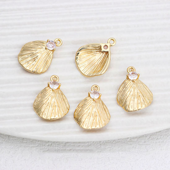 Picture of 1 Piece Brass Ocean Jewelry Charms 18K Gold Plated Shell Texture Clear Cubic Zirconia 16mm x 12mm