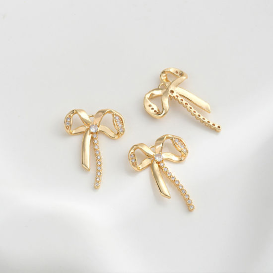 Immagine di 1 Pz Ecologico Ottone Abiti Ciondoli Cravatta a Farfalla 18K Vero Oro Placcato Filigrana Trasparente Cubic Zirconiae 25mm x 18mm