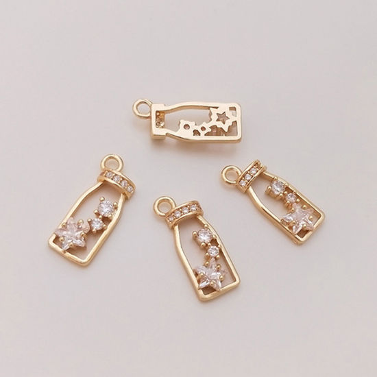 Picture of 1 Piece Eco-friendly Brass Charms 18K Real Gold Plated Cup Beverages Hollow Clear Cubic Zirconia 15mm x 6mm