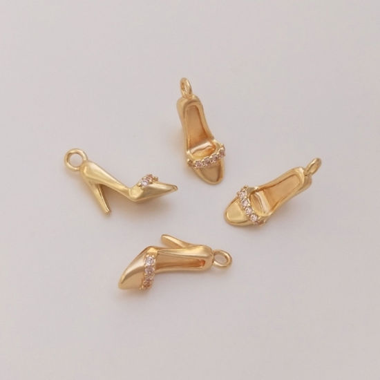 Picture of 1 Piece Eco-friendly Brass Clothes Charms 18K Real Gold Plated High-heeled Shoes 3D Clear Cubic Zirconia 14mm x 5mm