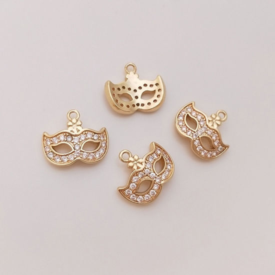 Picture of 1 Piece Eco-friendly Brass Clothes Charms 18K Real Gold Plated Mask Micro Pave Clear Cubic Zirconia 12mm x 10mm