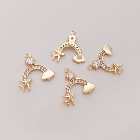 Picture of 1 Piece Eco-friendly Brass Weather Collection Charms 18K Real Gold Plated Rainbow Airplane Micro Pave Clear Cubic Zirconia 15mm x 15mm