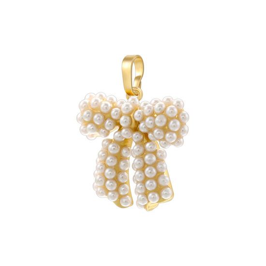 Picture of 1 Piece Brass Clothes Charm Pendant 18K Gold Plated Bowknot Acrylic Imitation Pearl 26mm x 21.5mm