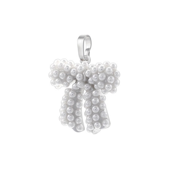 Picture of 1 Piece Brass Clothes Charm Pendant Platinum Plated Bowknot Acrylic Imitation Pearl 26mm x 21.5mm