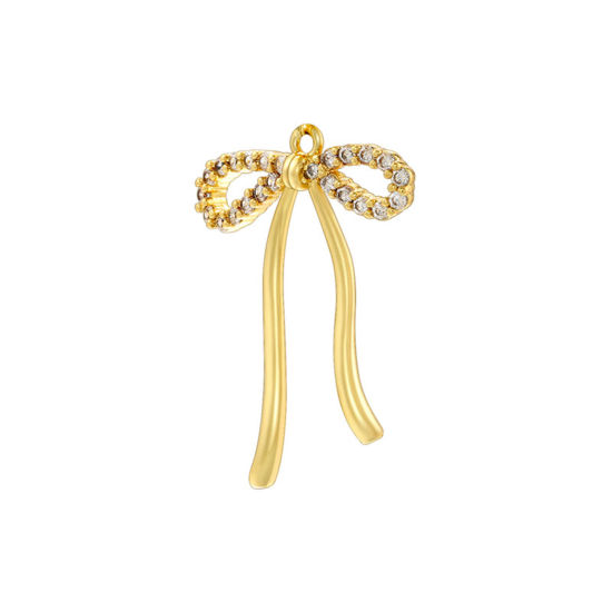 Picture of 1 Piece Brass Clothes Charms 18K Gold Plated Bowknot Micro Pave Clear Cubic Zirconia 27.5mm x 20mm