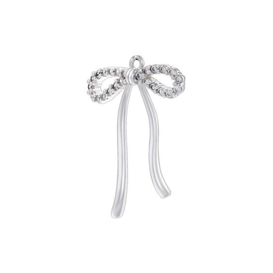 Picture of 1 Piece Brass Clothes Charms Platinum Plated Bowknot Micro Pave Clear Cubic Zirconia 27.5mm x 20mm