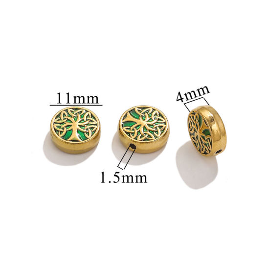 Picture of 1 Piece Vacuum Plating 304 Stainless Steel Beads For DIY Charm Jewelry Making Flat Round 18K Gold Plated Green Tree of Life Enamel 11mm Dia., Hole: Approx 1.5mm