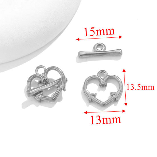 Picture of 1 Set 304 Stainless Steel Toggle Clasps Heart Silver Tone 13mm x 13.5mm