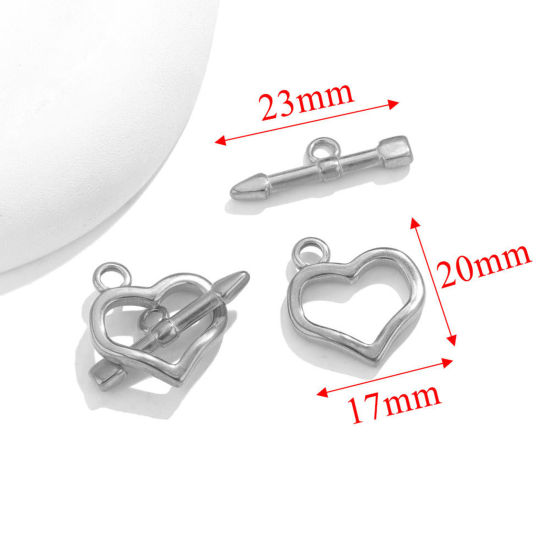 Picture of 1 Set 304 Stainless Steel Toggle Clasps Heart Silver Tone 17mm x 20mm