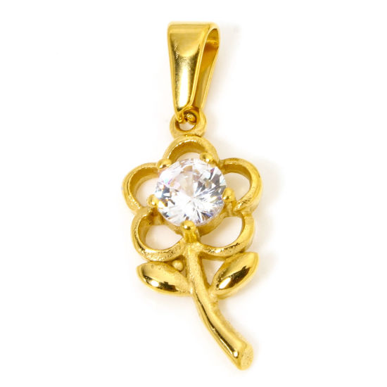 Image de 1 Pièce Pendentif Breloque en 304 Acier Inoxydable Placage sous Vide Fleur Doré à Strass Transparent 3cm x 1.2cm