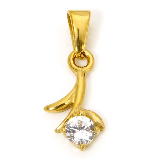 Image de 1 Pièce Pendentif Breloque en 304 Acier Inoxydable Placage sous Vide Fleur Doré à Strass Transparent 25mm x 10mm
