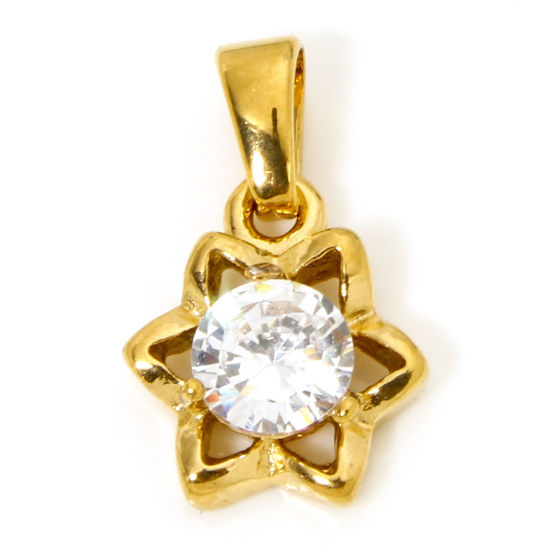 Image de 1 Pièce Pendentif Breloque en 304 Acier Inoxydable Placage sous Vide Fleur Doré à Strass Transparent 18mm x 11mm
