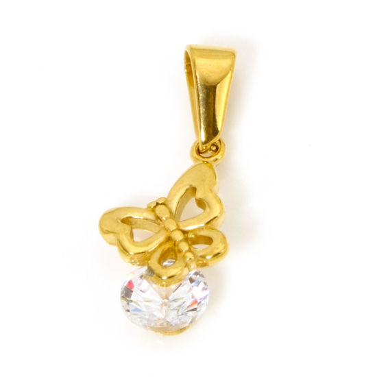 Image de 1 Pièce Pendentif Breloque en 304 Acier Inoxydable Placage sous Vide Papillon Doré à Strass Transparent 25mm x 11mm