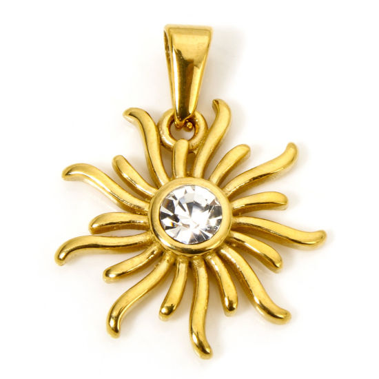 Imagen de 1 Unidad Enchapado al Vacío 304 Acero Inoxidable Colgantes Charms Sol Chapado en Oro Transparente Rhinestone 28mm x 22mm