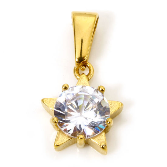 Imagen de 1 Unidad Enchapado al Vacío 304 Acero Inoxidable Colgantes Charms Estrellas de cinco puntos Chapado en Oro Transparente Rhinestone 22mm x 12mm