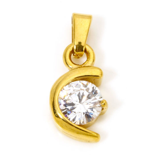 Imagen de 1 Unidad Enchapado al Vacío 304 Acero Inoxidable Colgantes Charms Luna Media Chapado en Oro Transparente Rhinestone 20mm x 8.5mm