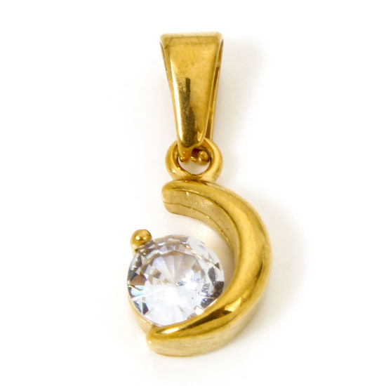 Imagen de 1 Unidad Enchapado al Vacío 304 Acero Inoxidable Colgantes Charms Luna Media Chapado en Oro Transparente Rhinestone 21mm x 9mm