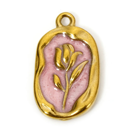 Picture of 1 Piece Vacuum Plating 304 Stainless Steel Charms 18K Gold Plated Pink Oval Tulip Flower Enamel 20mm x 12mm