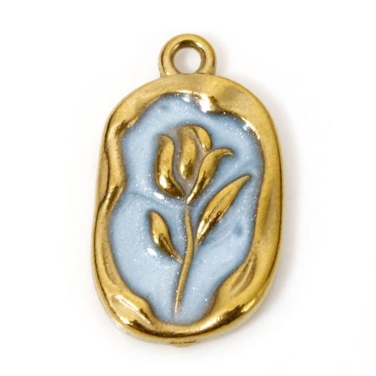 Picture of 1 Piece Vacuum Plating 304 Stainless Steel Charms 18K Gold Plated Blue Oval Tulip Flower Enamel 20mm x 12mm