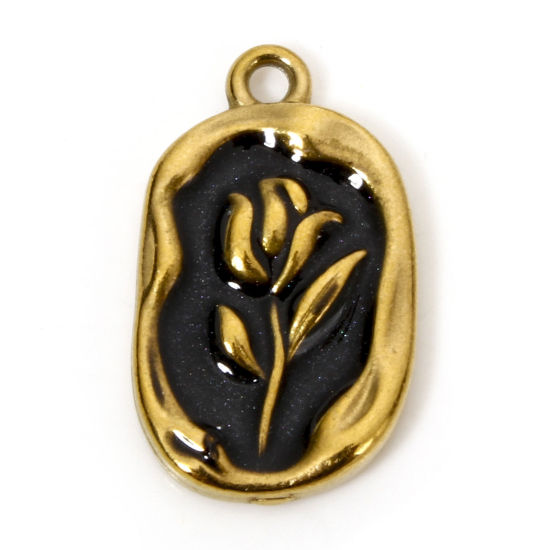 Picture of 1 Piece Vacuum Plating 304 Stainless Steel Charms 18K Gold Plated Black Oval Tulip Flower Enamel 20mm x 12mm