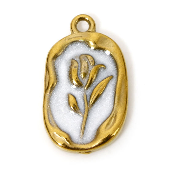 Picture of 1 Piece Vacuum Plating 304 Stainless Steel Charms 18K Gold Plated White Oval Tulip Flower Enamel 20mm x 12mm