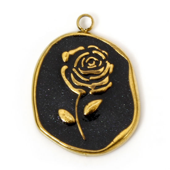 Picture of 1 Piece Vacuum Plating 304 Stainless Steel Charms 18K Gold Plated Black Oval Rose Flower Enamel 20mm x 14mm