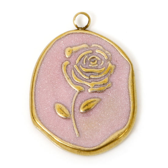 Picture of 1 Piece Vacuum Plating 304 Stainless Steel Charms 18K Gold Plated Pink Oval Rose Flower Enamel 20mm x 14mm