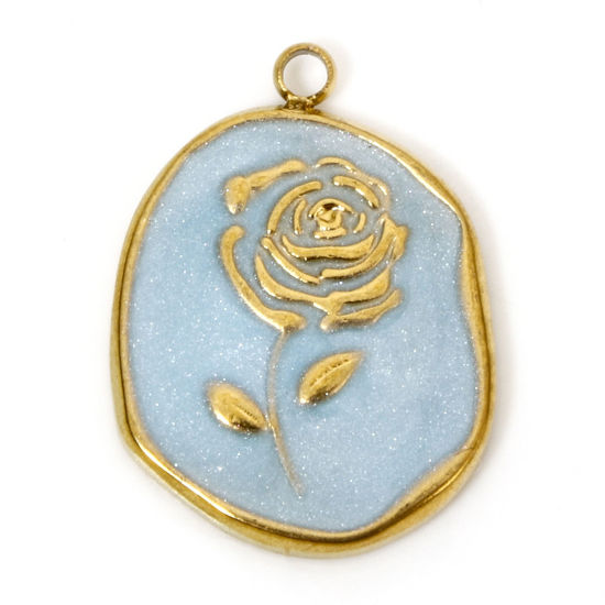 Picture of 1 Piece Vacuum Plating 304 Stainless Steel Charms 18K Gold Plated Blue Oval Rose Flower Enamel 20mm x 14mm
