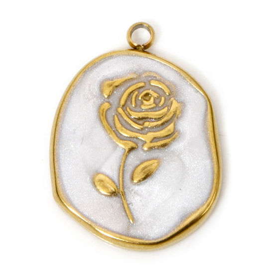 Picture of 1 Piece Vacuum Plating 304 Stainless Steel Charms 18K Gold Plated White Oval Rose Flower Enamel 20mm x 14mm