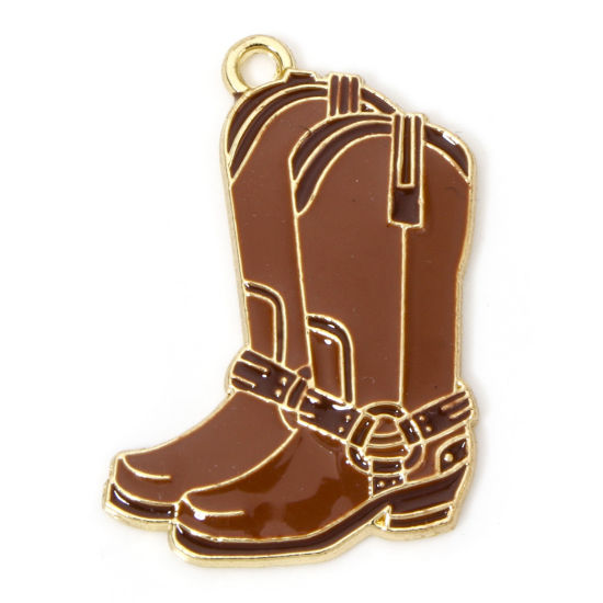 Immagine di 10 Pz Lega di Zinco Cowboy dell'Ovest Ciondoli Oro Placcato Colore del Caffè Stivale Smalto 3.1cm x 2.1cm