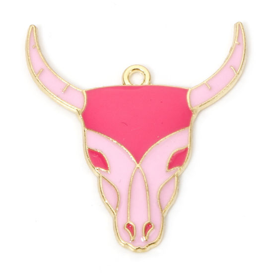 Immagine di 10 Pz Lega di Zinco Cowboy dell'Ovest Ciondoli Oro Placcato Rosso Prugna Testa di Toro/Testa di Mucca Smalto 3.4cm x 3.2cm