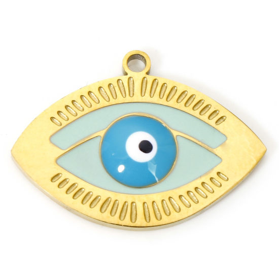 Bild von 1 Stück Vakuumbeschichtung 304 Edelstahl Religiös Charms Böser Blick Vergoldet Hellblau & Grün Emaille 20mm x 14.5mm