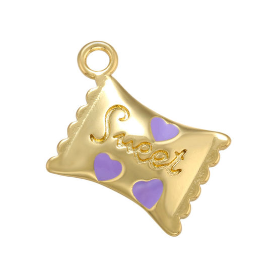 Immagine di 1 Piece Brass Charms 18K Gold Plated Purple Candy Food Message " sweet " Enamel 16mm x 13mm