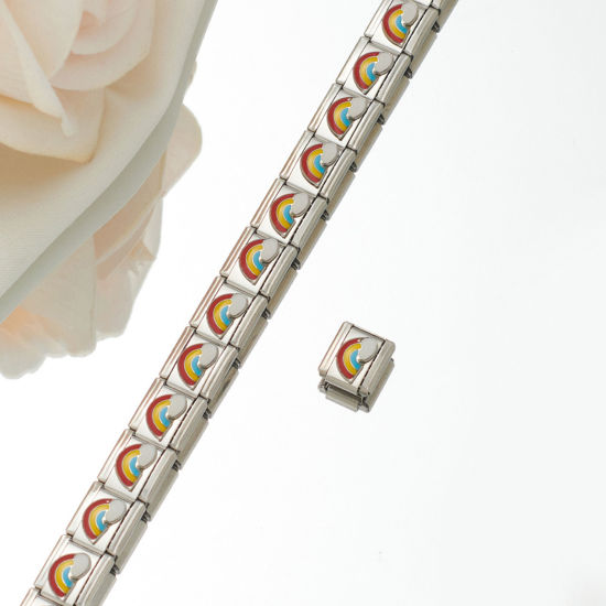Picture of 1 Piece 304 Stainless Steel Italian Charm Links For DIY Bracelet Jewelry Making Silver Tone Rectangle Rainbow Enamel 10mm x 9mm