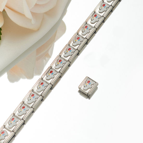 Picture of 1 Piece 304 Stainless Steel Italian Charm Links For DIY Bracelet Jewelry Making Silver Tone Rectangle Elephant Enamel 10mm x 9mm